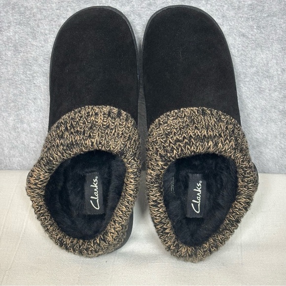 Clarks Angelina Knitted Collar Suede Clog Slipper Mule Shoe-Black-Women Size 9 - Picture 11 of 11